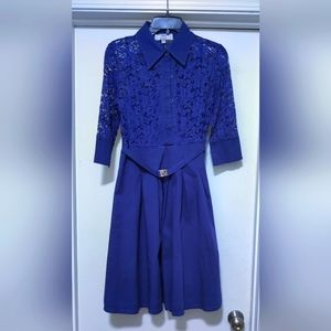 Blue 3/4 Sleeve Flare Vintage Midi Lace Dress